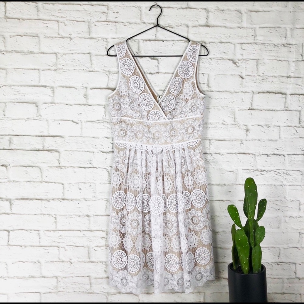 Adrianna Papell white lace cocktail wedding dress